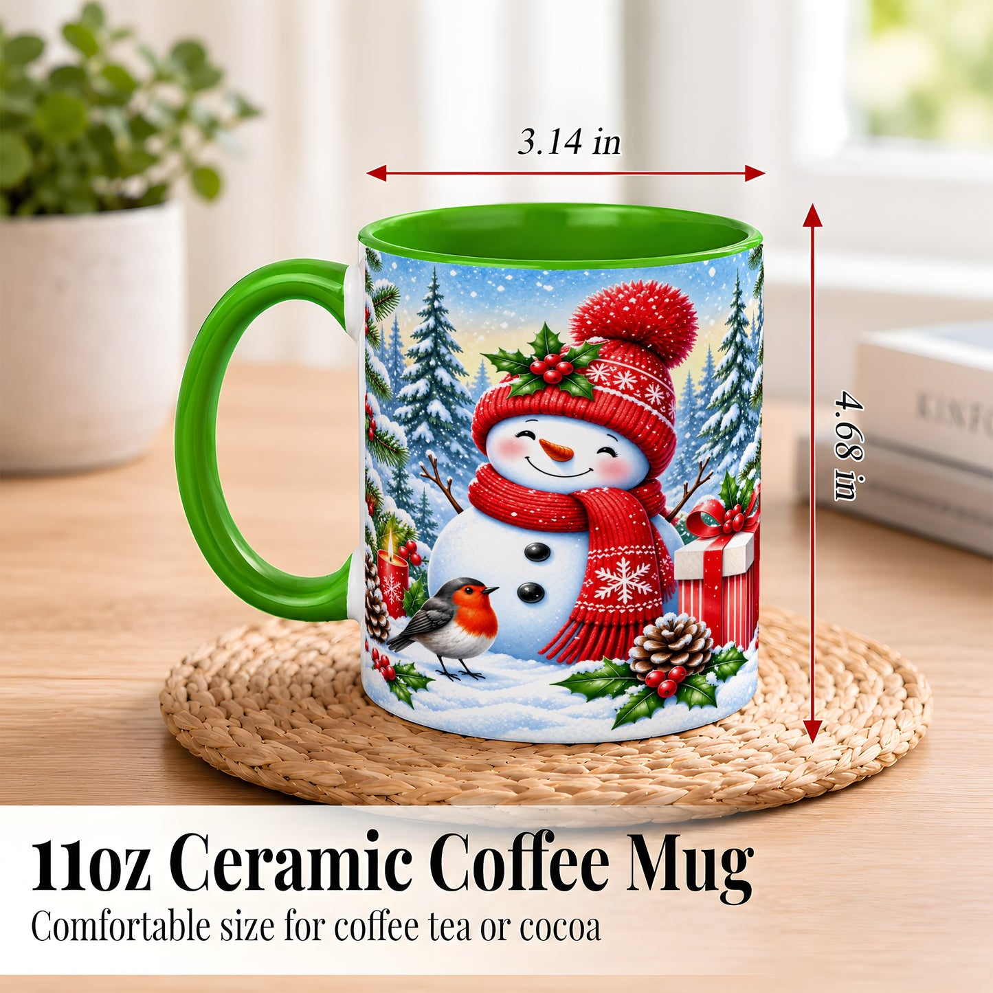 #pl[11oz|Green] Christmas Snowman Coffee Mug, Winter Robin Mug, Ceramic Cup