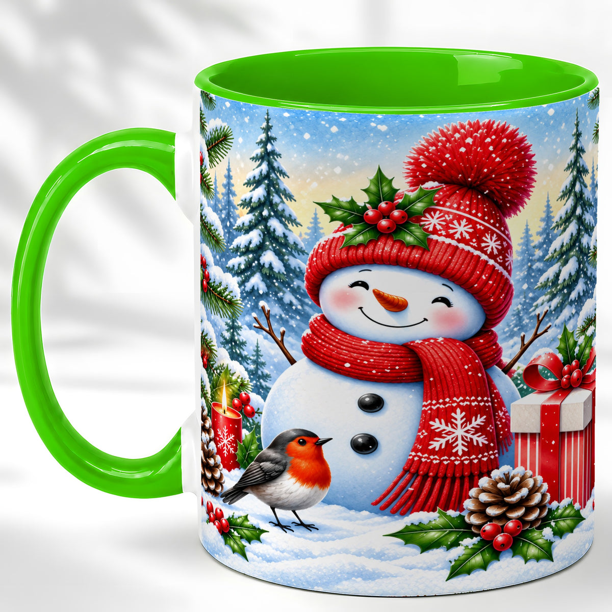 #pl[11oz|Green] Christmas Snowman Coffee Mug, Winter Robin Mug, Ceramic Cup