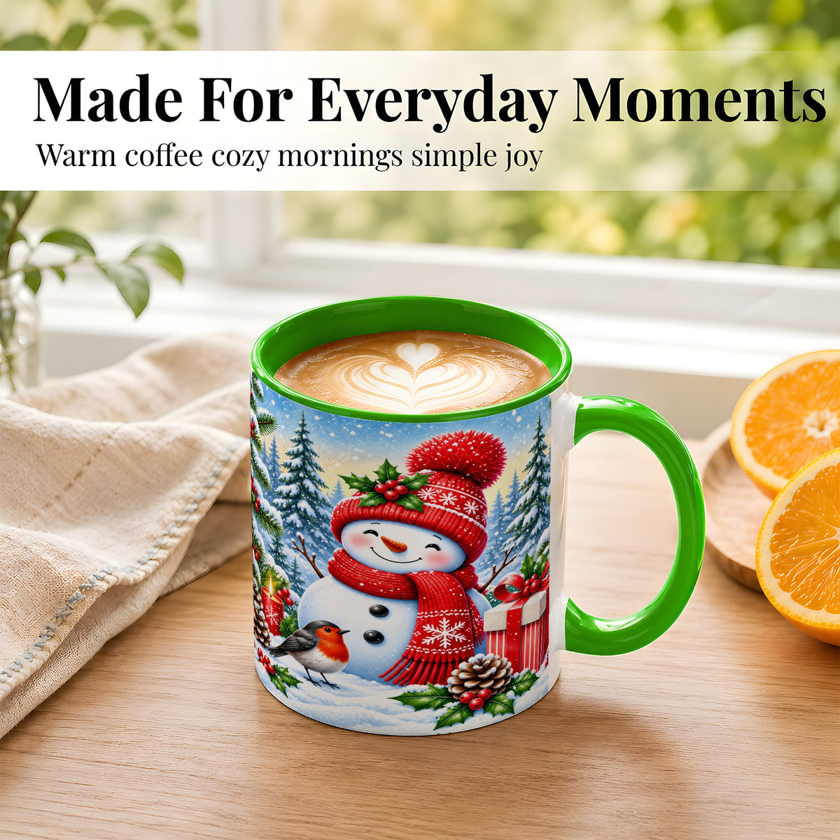#pl[11oz|Green] Christmas Snowman Coffee Mug, Winter Robin Mug, Ceramic Cup