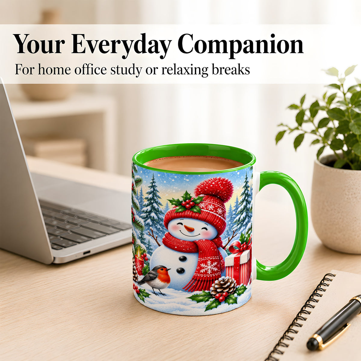 #pl[11oz|Green] Christmas Snowman Coffee Mug, Winter Robin Mug, Ceramic Cup