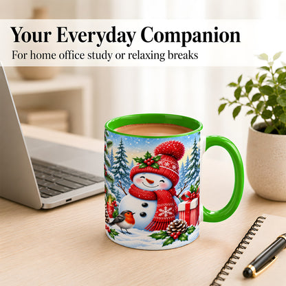 #pl[11oz|Green] Christmas Snowman Coffee Mug, Winter Robin Mug, Ceramic Cup