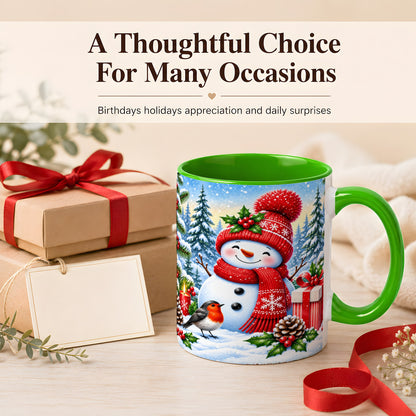 #pl[11oz|Green] Christmas Snowman Coffee Mug, Winter Robin Mug, Ceramic Cup
