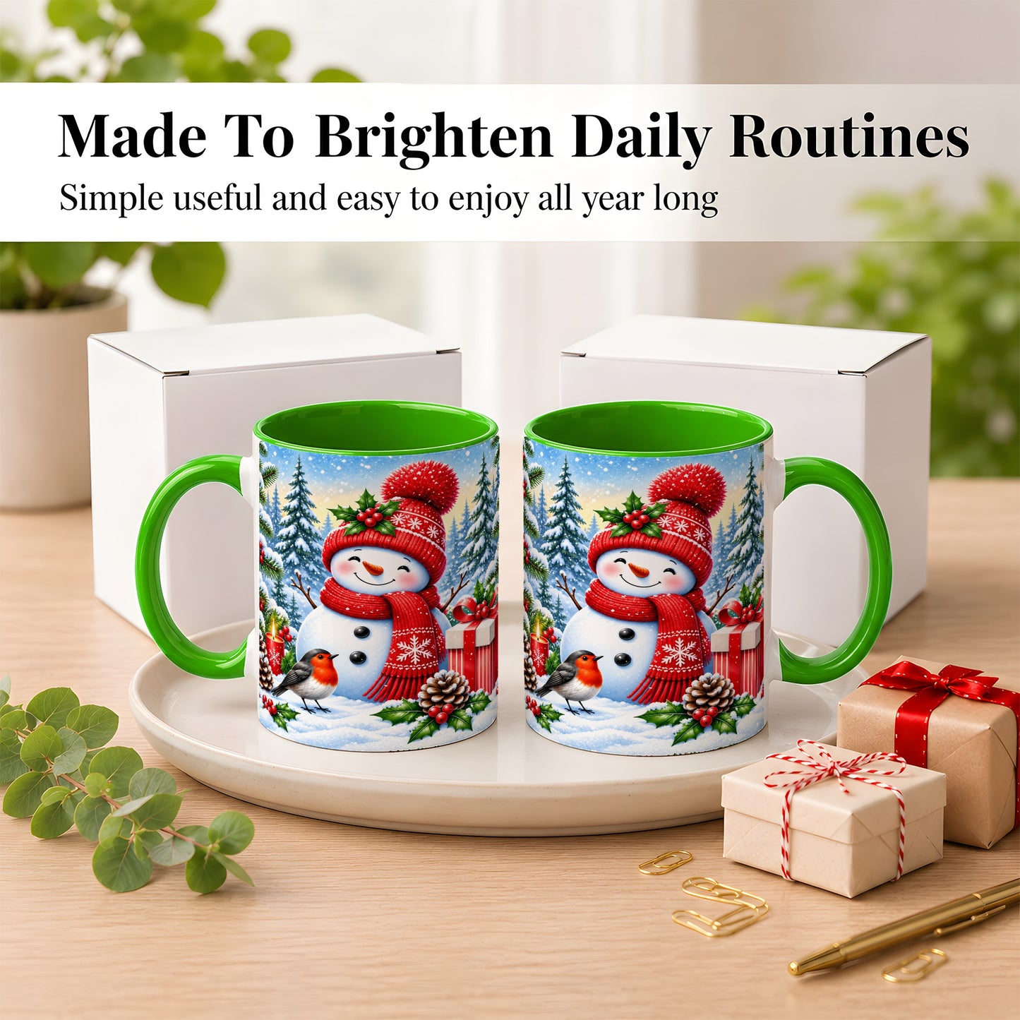 #pl[11oz|Green] Christmas Snowman Coffee Mug, Winter Robin Mug, Ceramic Cup