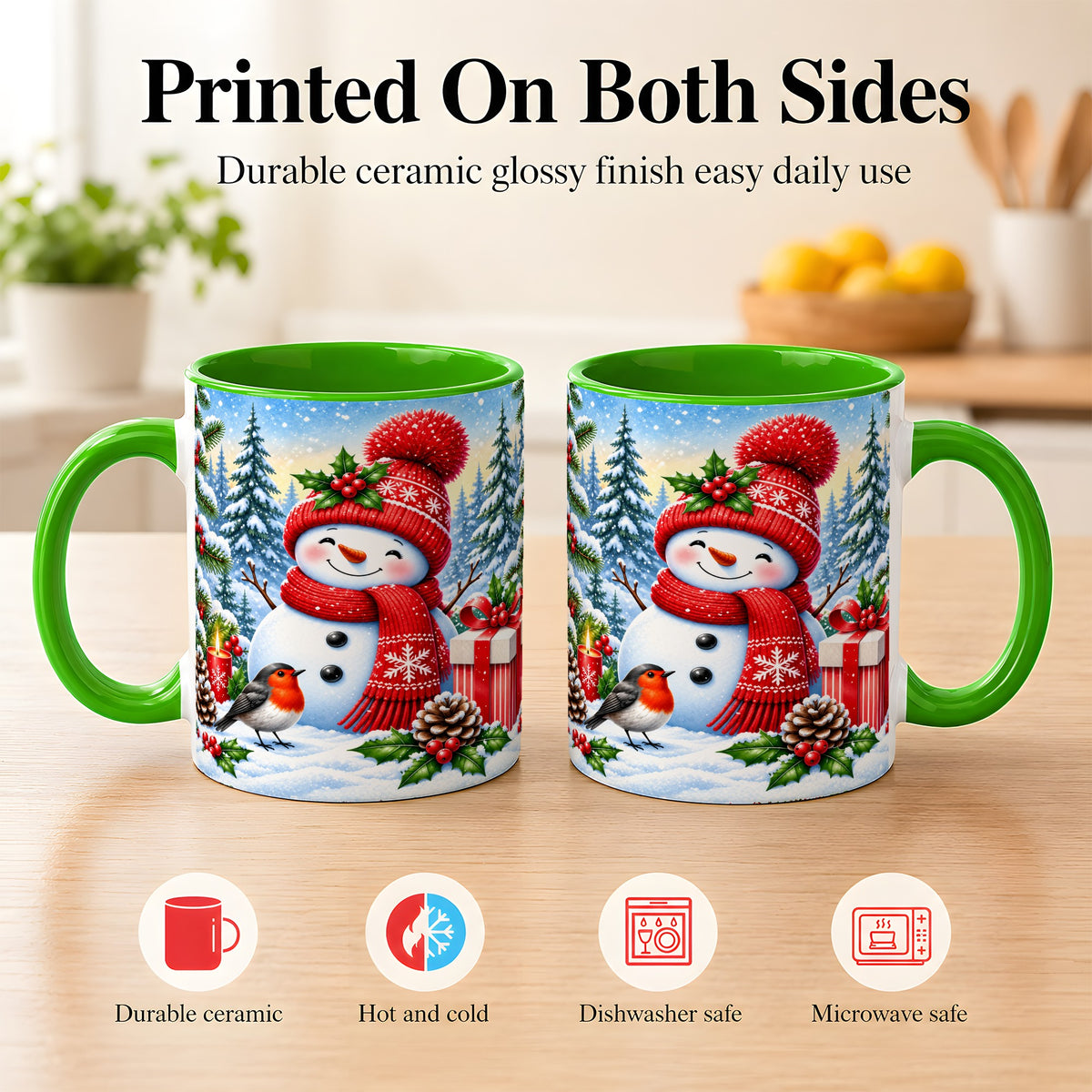 #pl[11oz|Green] Christmas Snowman Coffee Mug, Winter Robin Mug, Ceramic Cup