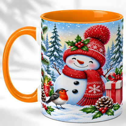 #pl[11oz|Orange] Christmas Snowman Coffee Mug, Winter Robin Mug, Ceramic Cup