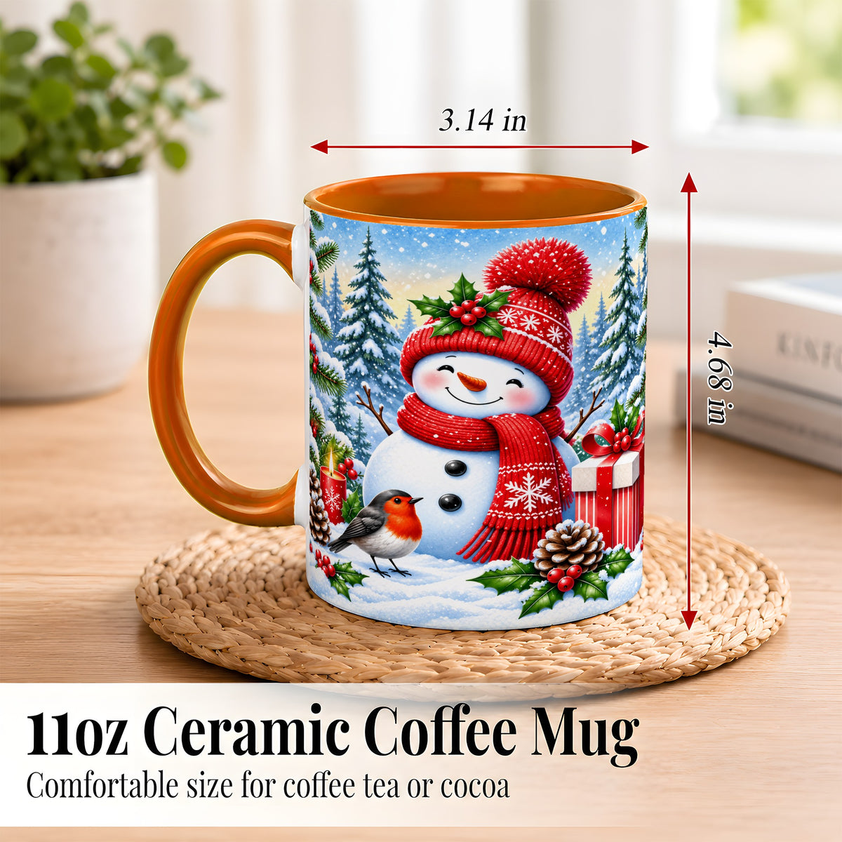 #pl[11oz|Orange] Christmas Snowman Coffee Mug, Winter Robin Mug, Ceramic Cup