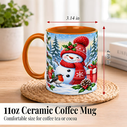 #pl[11oz|Orange] Christmas Snowman Coffee Mug, Winter Robin Mug, Ceramic Cup