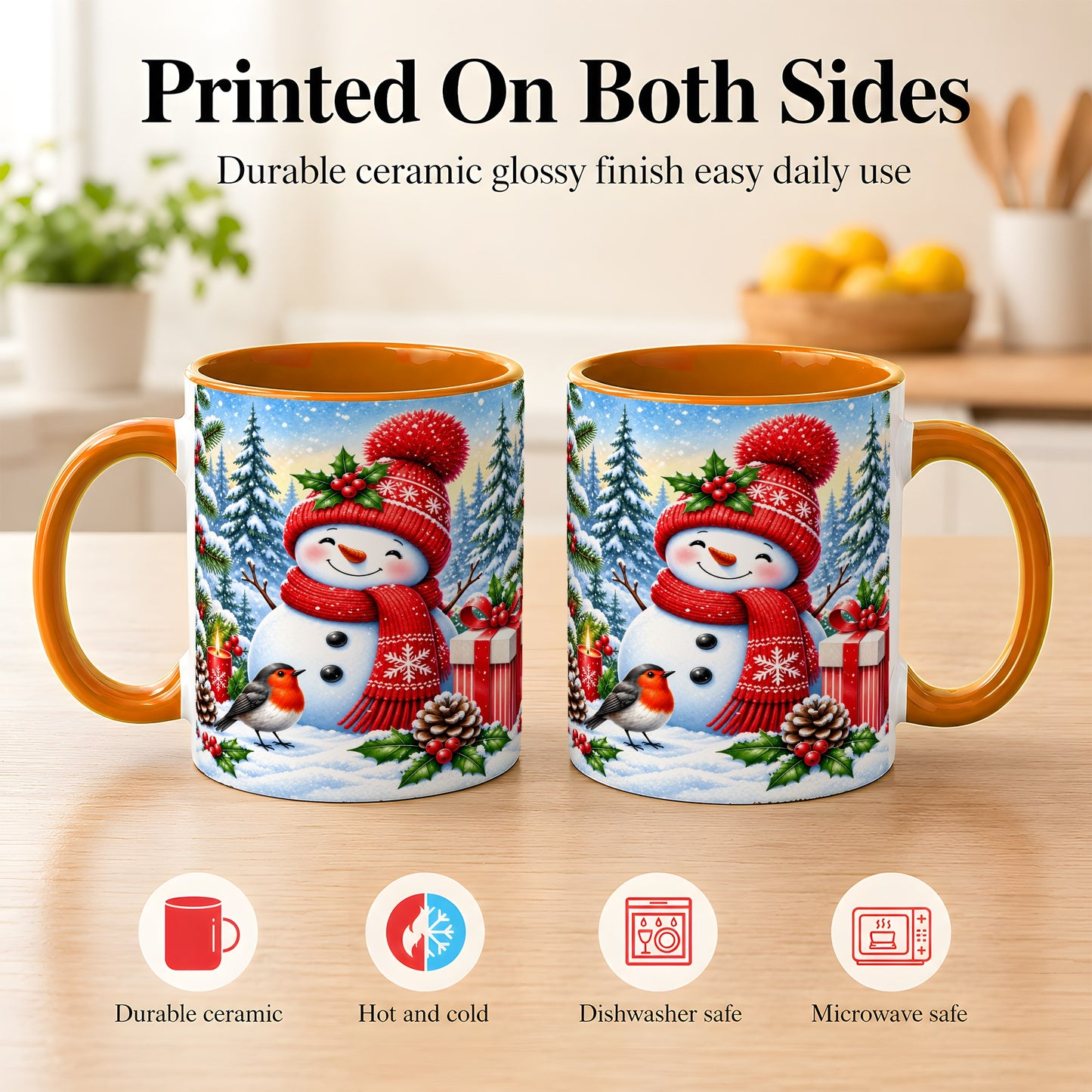 #pl[11oz|Orange] Christmas Snowman Coffee Mug, Winter Robin Mug, Ceramic Cup