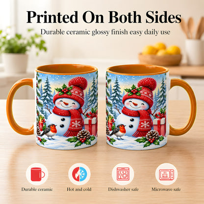 #pl[11oz|Orange] Christmas Snowman Coffee Mug, Winter Robin Mug, Ceramic Cup