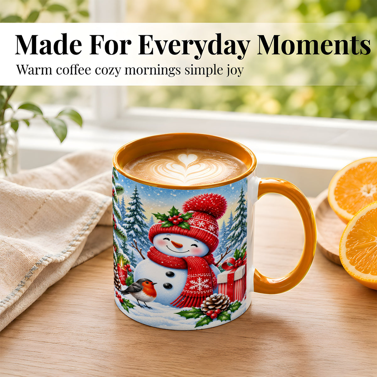 #pl[11oz|Orange] Christmas Snowman Coffee Mug, Winter Robin Mug, Ceramic Cup