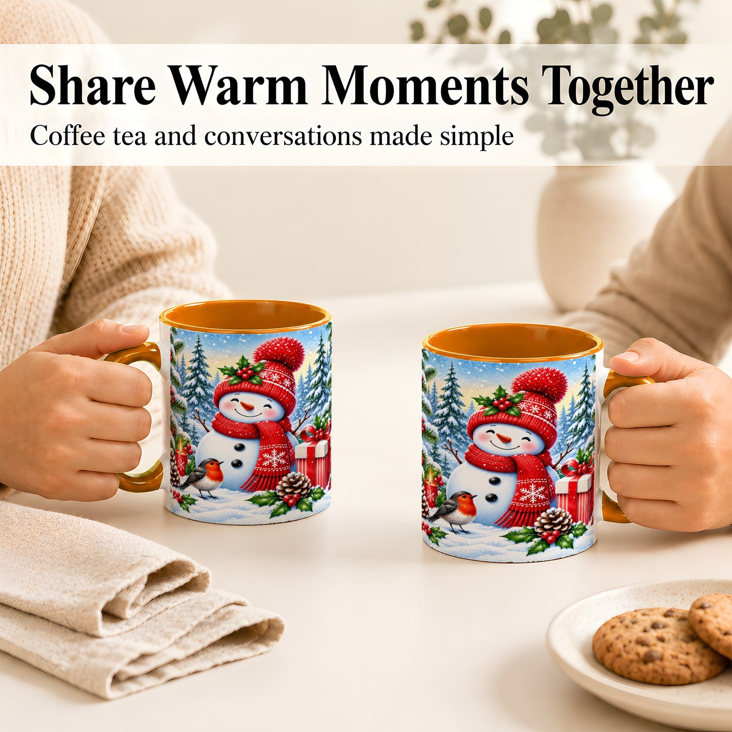 #pl[11oz|Orange] Christmas Snowman Coffee Mug, Winter Robin Mug, Ceramic Cup