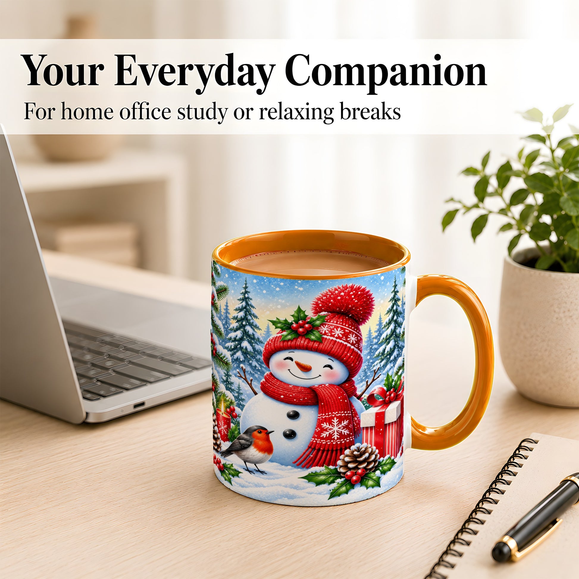 #pl[11oz|Orange] Christmas Snowman Coffee Mug, Winter Robin Mug, Ceramic Cup