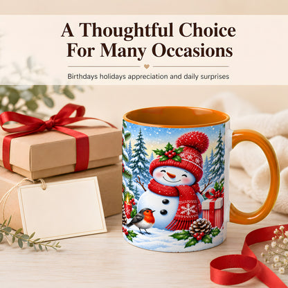 #pl[11oz|Orange] Christmas Snowman Coffee Mug, Winter Robin Mug, Ceramic Cup