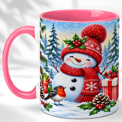 #pl[11oz|Pink] Christmas Snowman Coffee Mug, Winter Robin Mug, Ceramic Cup