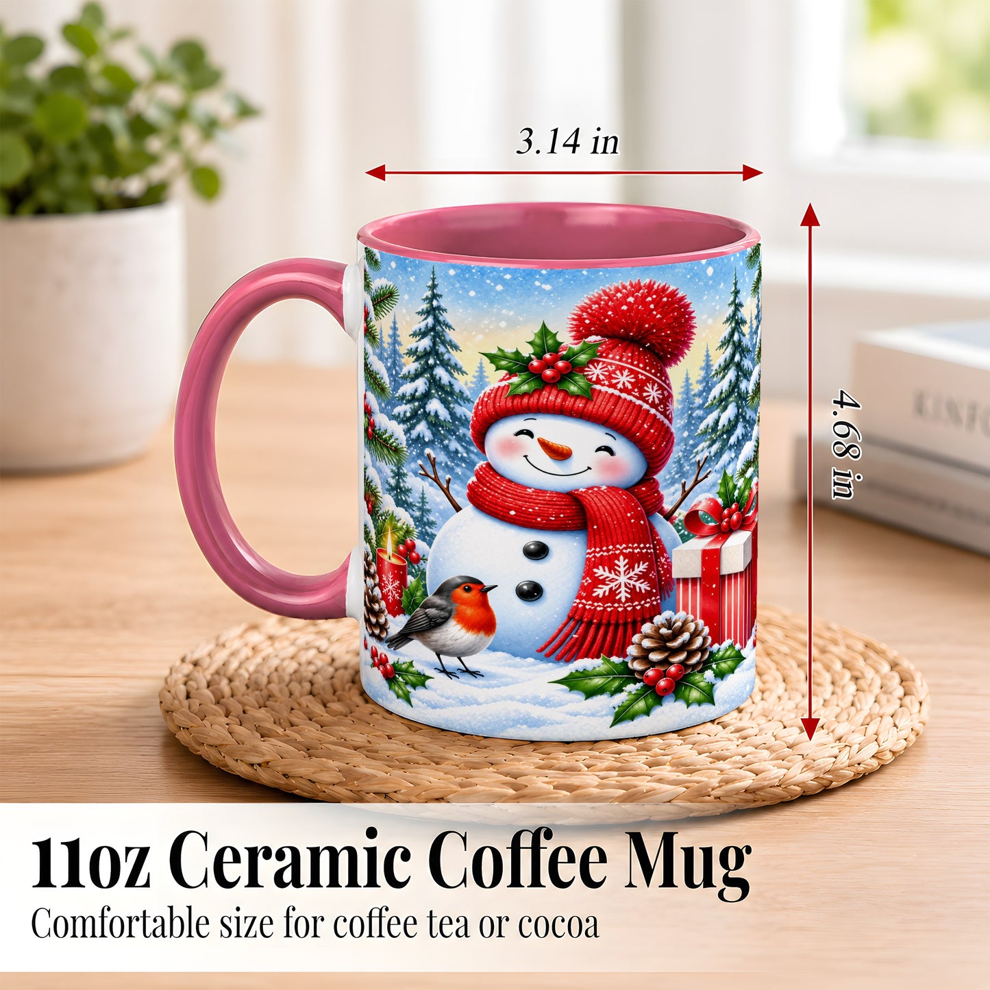 #pl[11oz|Pink] Christmas Snowman Coffee Mug, Winter Robin Mug, Ceramic Cup