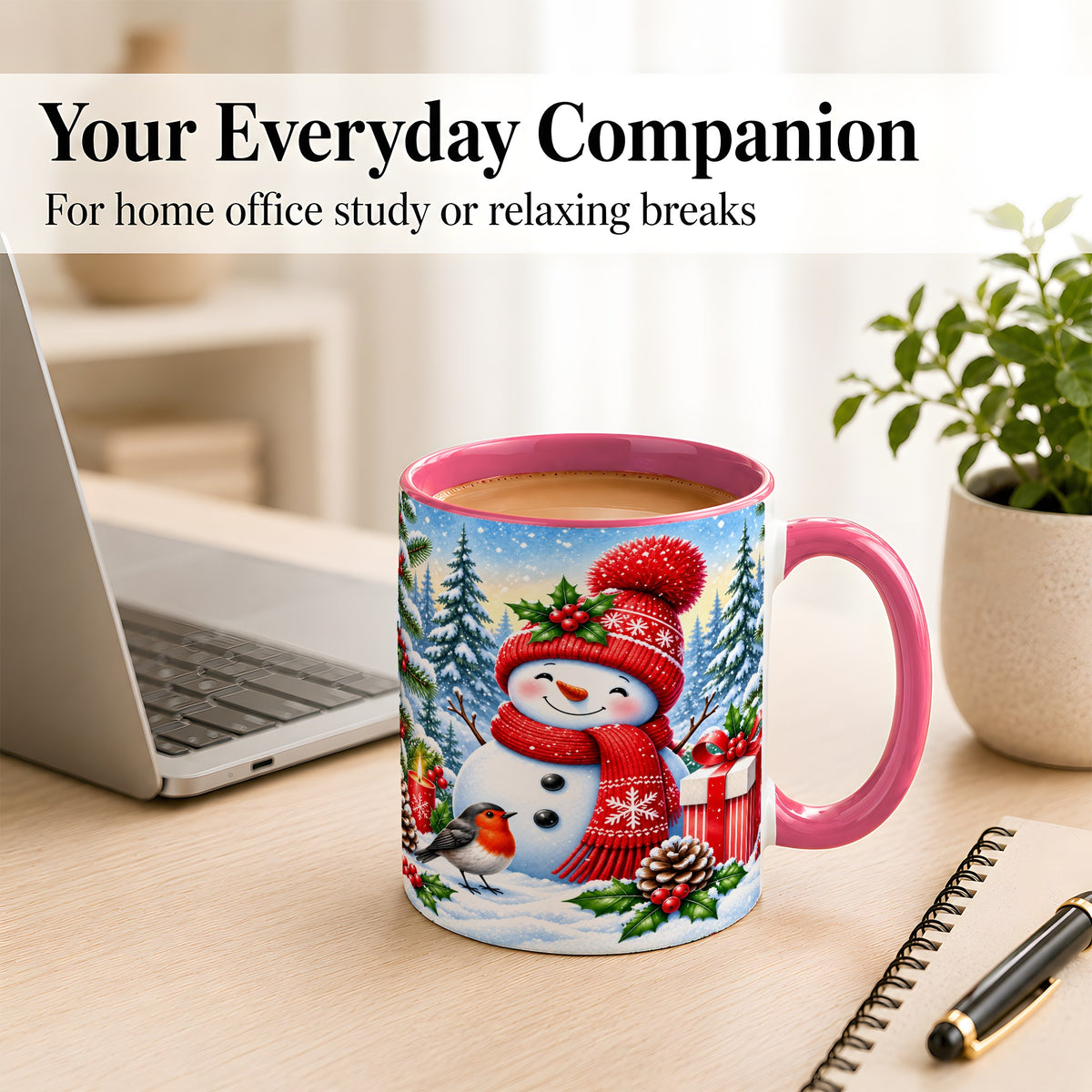 #pl[11oz|Pink] Christmas Snowman Coffee Mug, Winter Robin Mug, Ceramic Cup