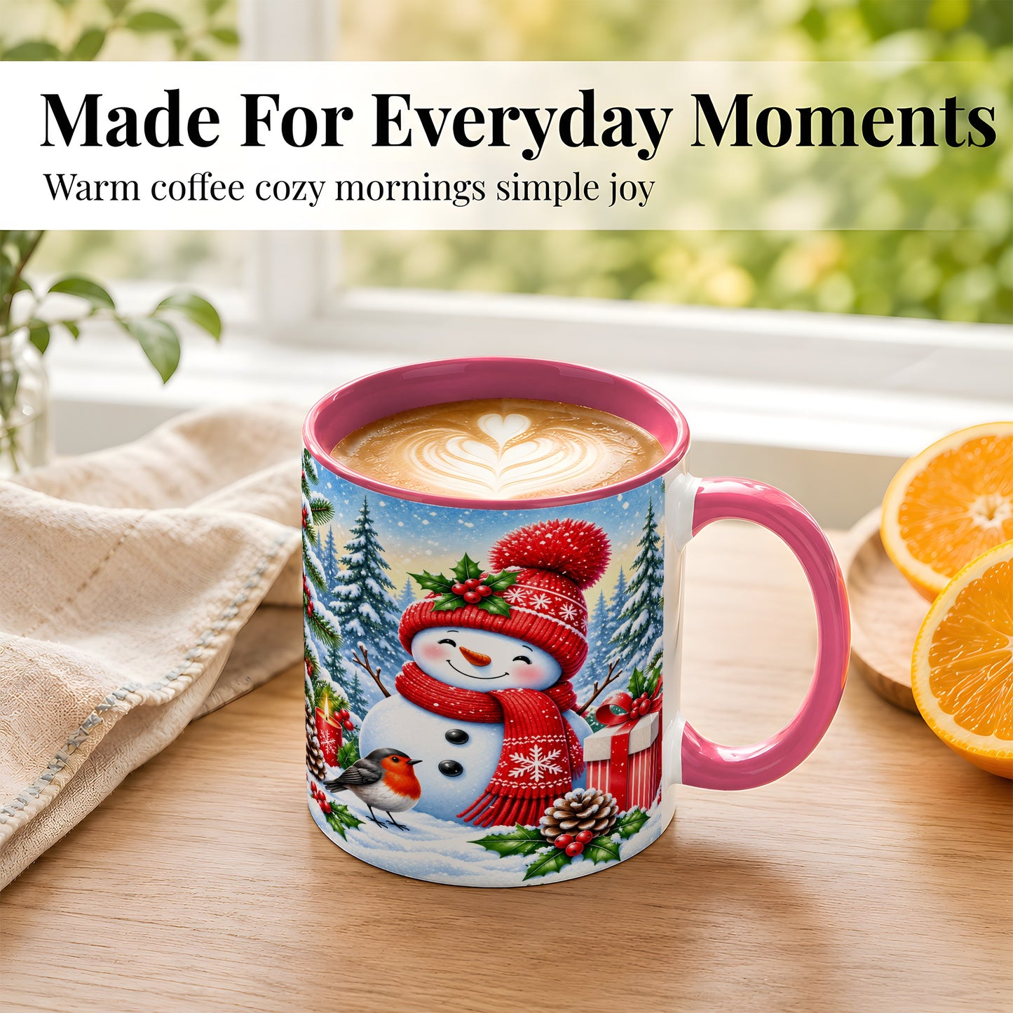 #pl[11oz|Pink] Christmas Snowman Coffee Mug, Winter Robin Mug, Ceramic Cup