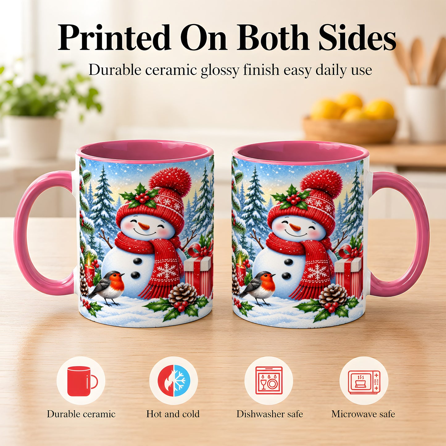 #pl[11oz|Pink] Christmas Snowman Coffee Mug, Winter Robin Mug, Ceramic Cup