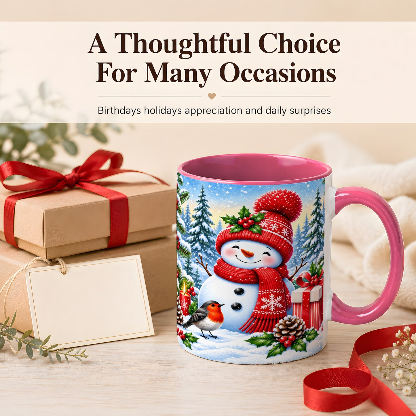 #pl[11oz|Pink] Christmas Snowman Coffee Mug, Winter Robin Mug, Ceramic Cup