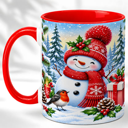 Christmas Snowman Coffee Mug, Winter Robin Mug, Ceramic Cup