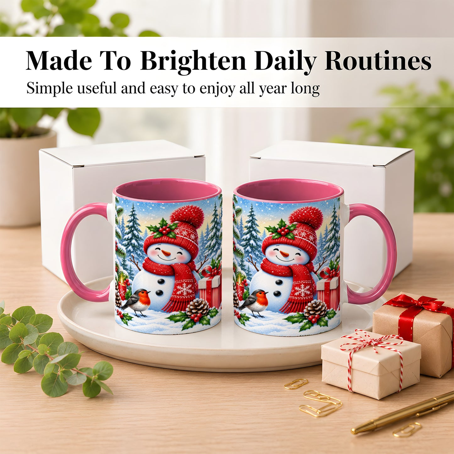 #pl[11oz|Pink] Christmas Snowman Coffee Mug, Winter Robin Mug, Ceramic Cup