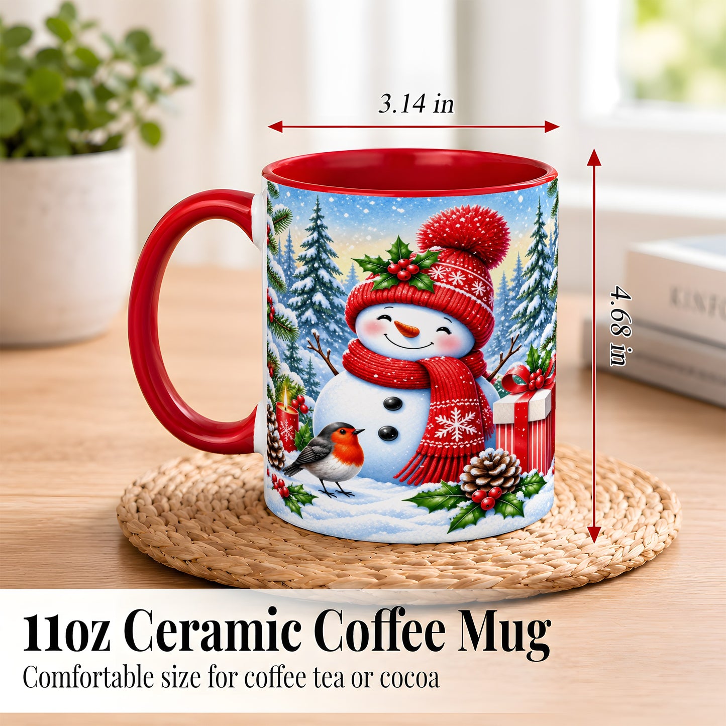 #pl[11oz|Red] Christmas Snowman Coffee Mug, Winter Robin Mug, Ceramic Cup