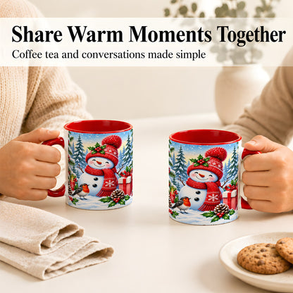 #pl[11oz|Red] Christmas Snowman Coffee Mug, Winter Robin Mug, Ceramic Cup