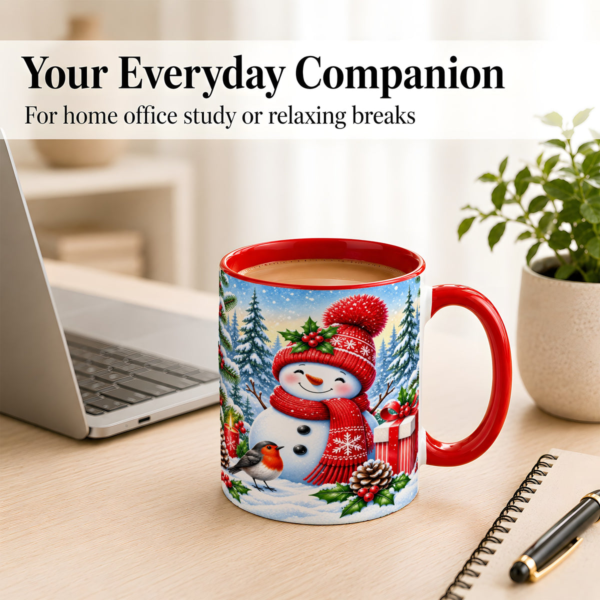 #pl[11oz|Red] Christmas Snowman Coffee Mug, Winter Robin Mug, Ceramic Cup