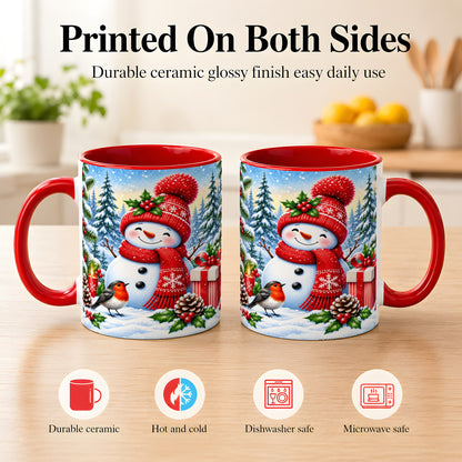 #pl[11oz|Red] Christmas Snowman Coffee Mug, Winter Robin Mug, Ceramic Cup