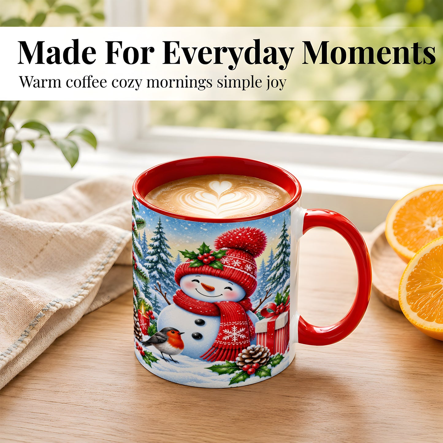 #pl[11oz|Red] Christmas Snowman Coffee Mug, Winter Robin Mug, Ceramic Cup