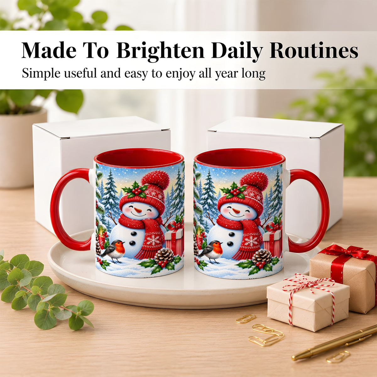 #pl[11oz|Red] Christmas Snowman Coffee Mug, Winter Robin Mug, Ceramic Cup