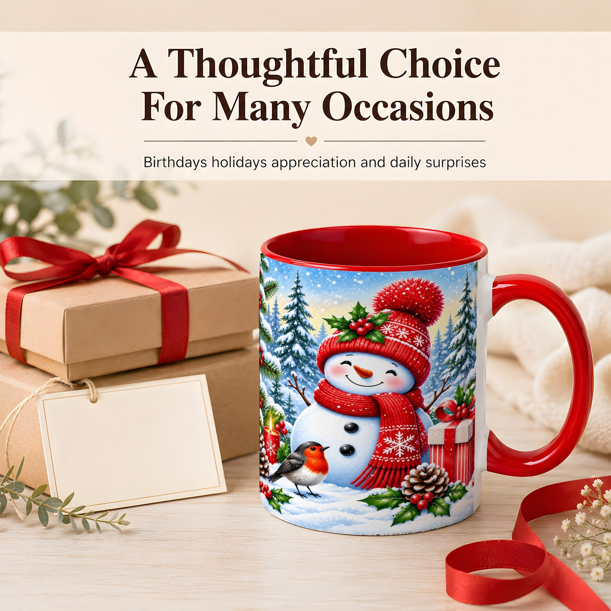 #pl[11oz|Red] Christmas Snowman Coffee Mug, Winter Robin Mug, Ceramic Cup