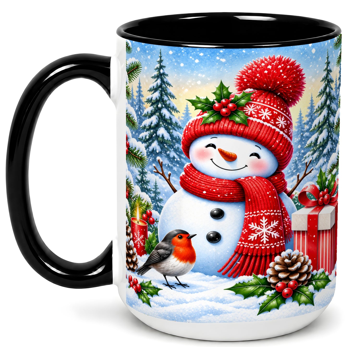 #pl[15oz|Black] Christmas Snowman Coffee Mug, Winter Robin Mug, Ceramic Cup