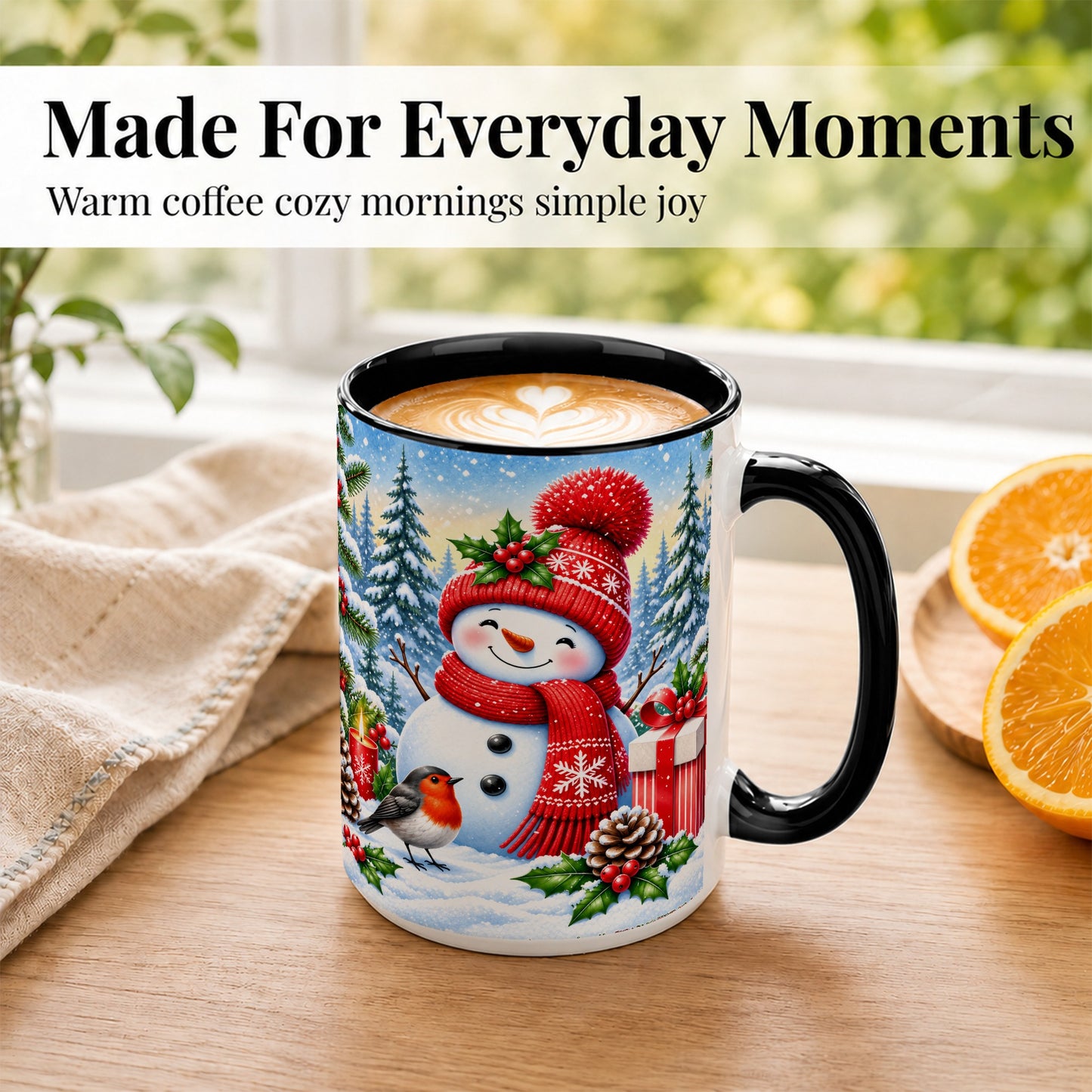 #pl[15oz|Black] Christmas Snowman Coffee Mug, Winter Robin Mug, Ceramic Cup
