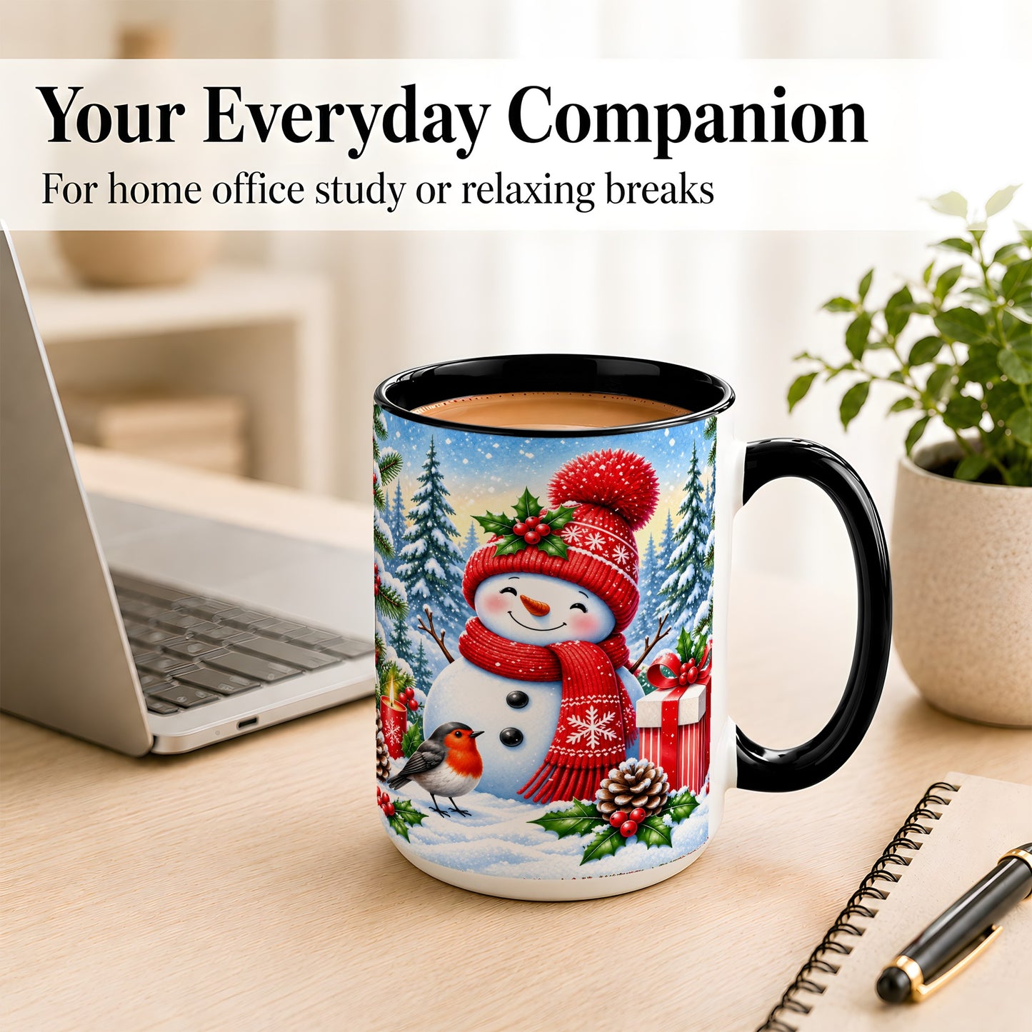 #pl[15oz|Black] Christmas Snowman Coffee Mug, Winter Robin Mug, Ceramic Cup