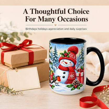 #pl[15oz|Black] Christmas Snowman Coffee Mug, Winter Robin Mug, Ceramic Cup