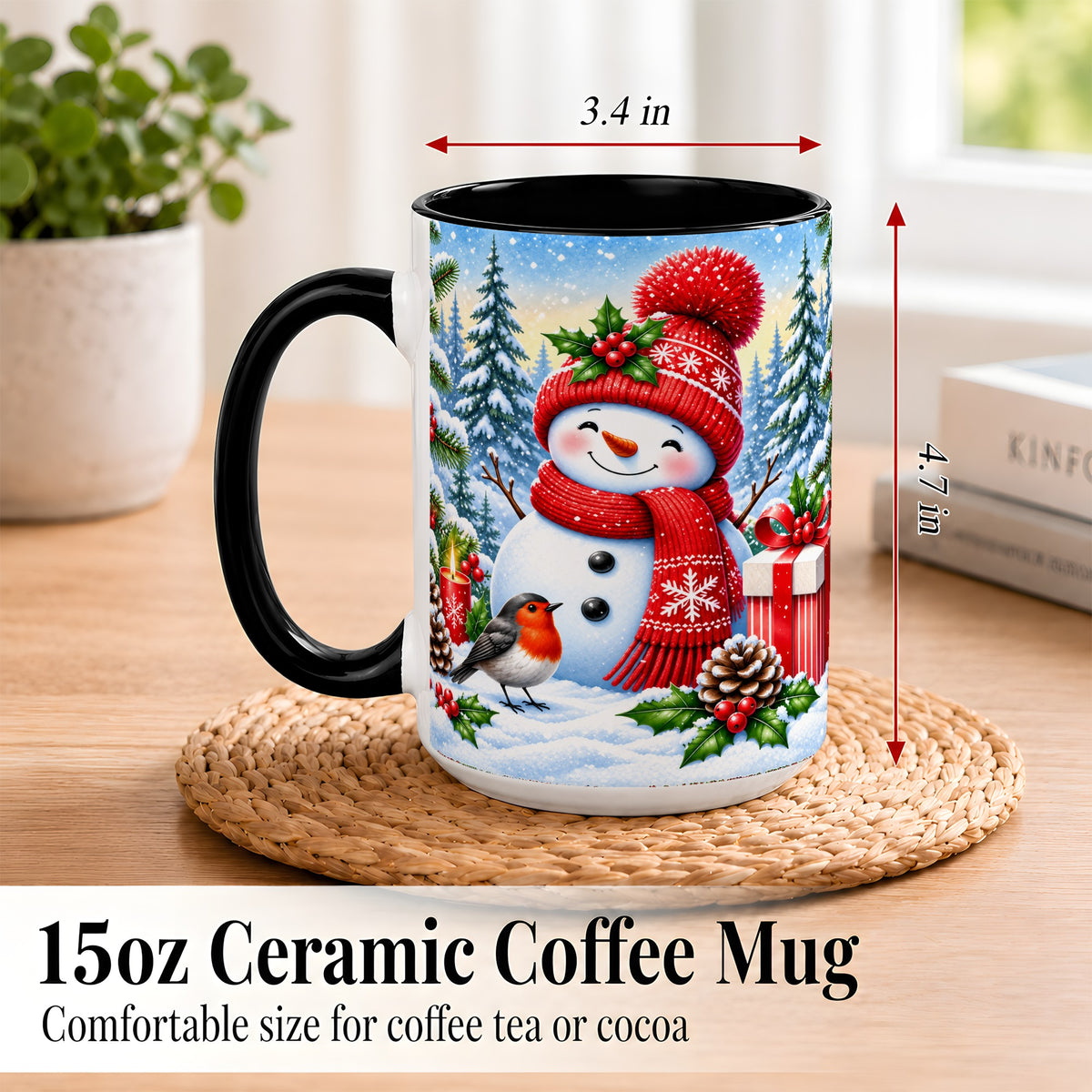 #pl[15oz|Black] Christmas Snowman Coffee Mug, Winter Robin Mug, Ceramic Cup