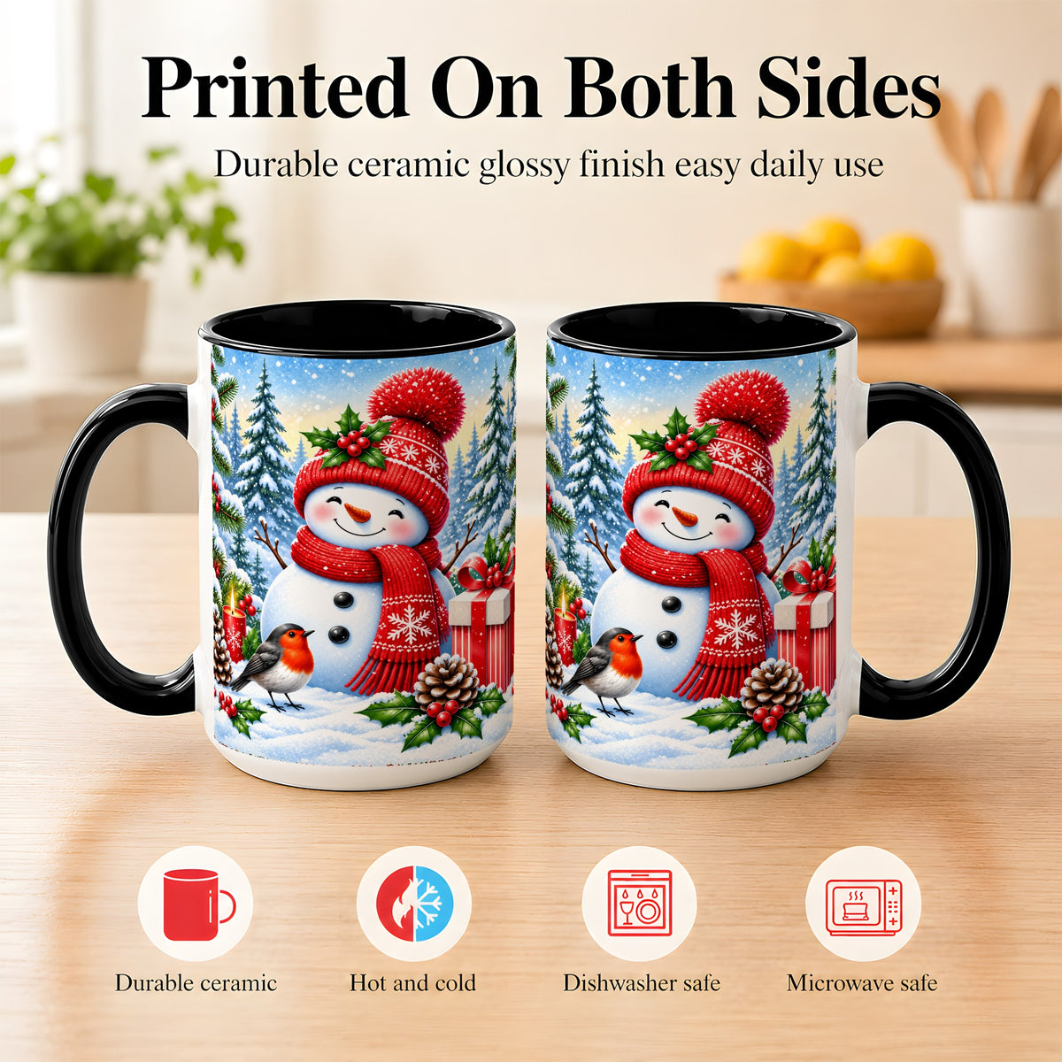 #pl[15oz|Black] Christmas Snowman Coffee Mug, Winter Robin Mug, Ceramic Cup