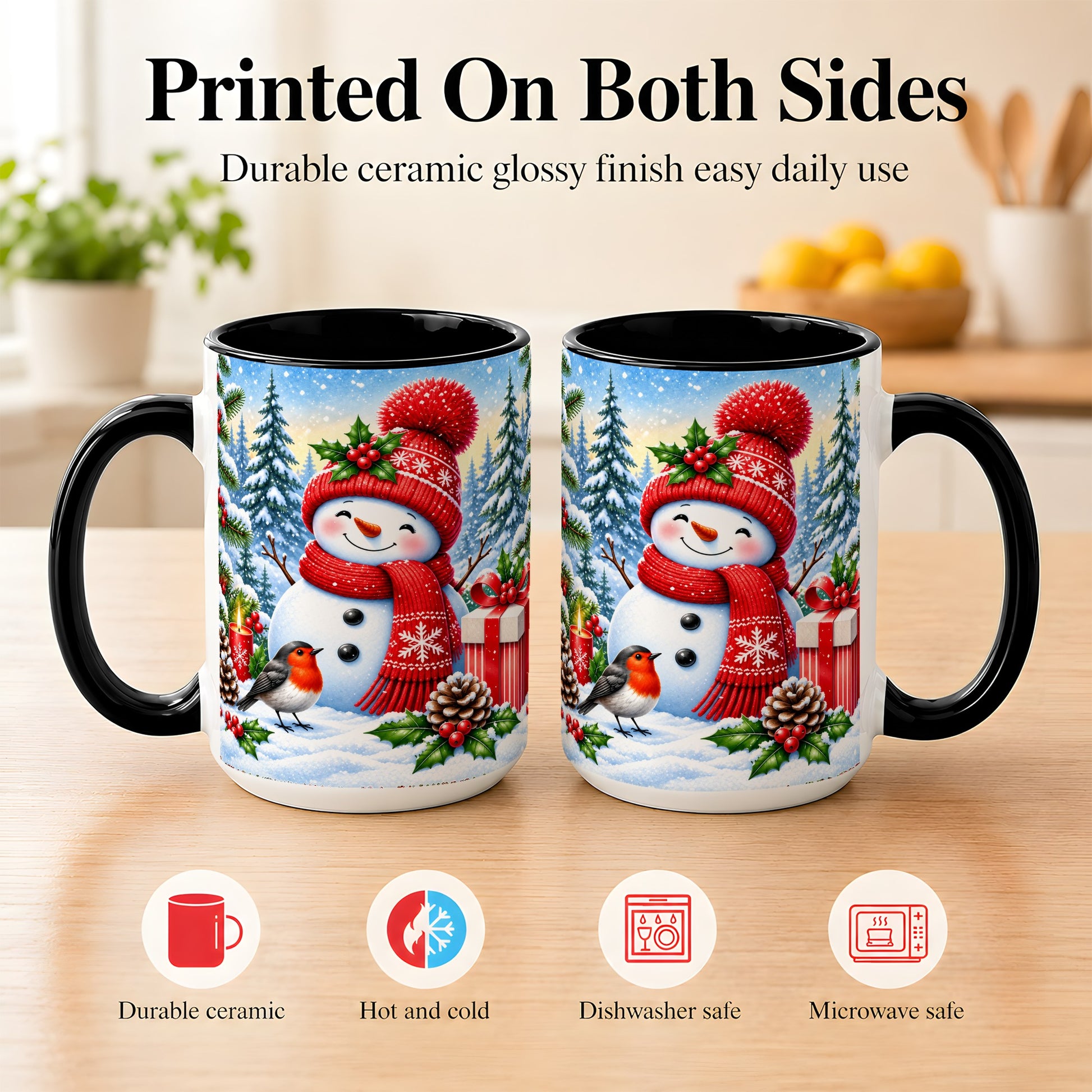 #pl[15oz|Black] Christmas Snowman Coffee Mug, Winter Robin Mug, Ceramic Cup