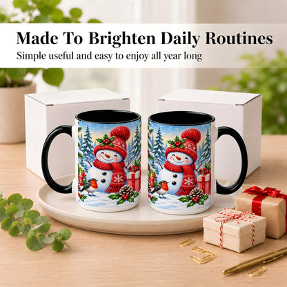 #pl[15oz|Black] Christmas Snowman Coffee Mug, Winter Robin Mug, Ceramic Cup