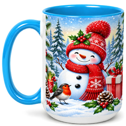 #pl[15oz|Blue] Christmas Snowman Coffee Mug, Winter Robin Mug, Ceramic Cup