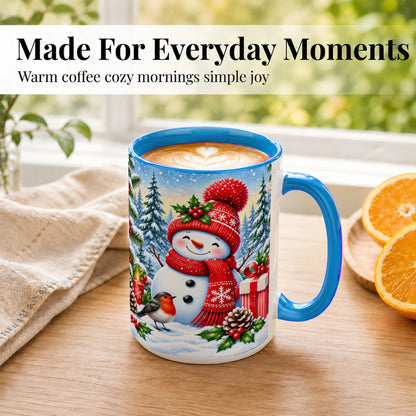 #pl[15oz|Blue] Christmas Snowman Coffee Mug, Winter Robin Mug, Ceramic Cup