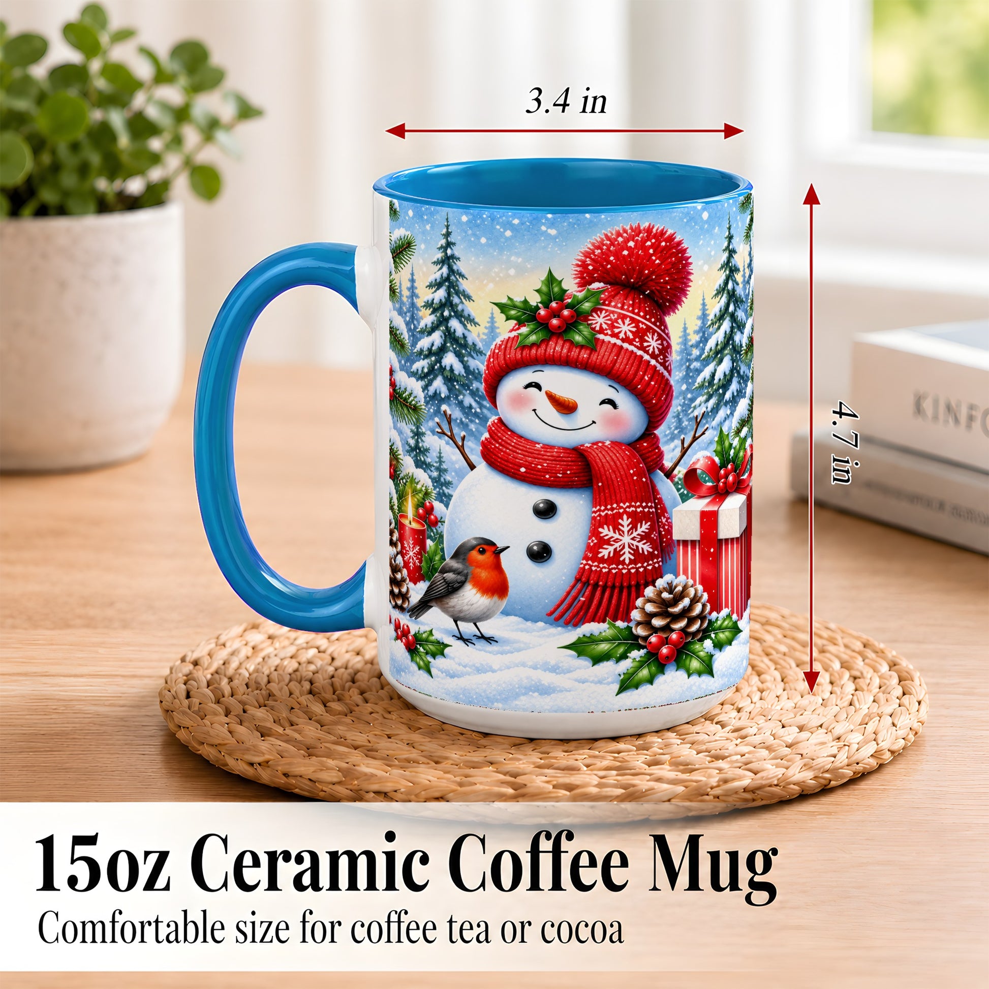 #pl[15oz|Blue] Christmas Snowman Coffee Mug, Winter Robin Mug, Ceramic Cup