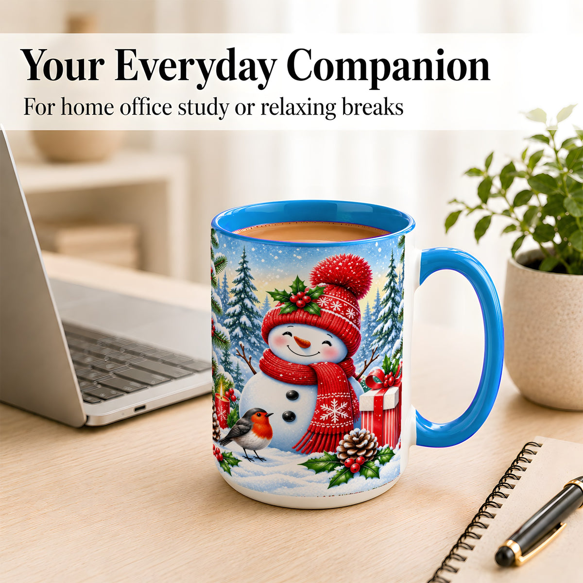 #pl[15oz|Blue] Christmas Snowman Coffee Mug, Winter Robin Mug, Ceramic Cup