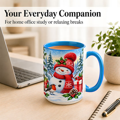 #pl[15oz|Blue] Christmas Snowman Coffee Mug, Winter Robin Mug, Ceramic Cup