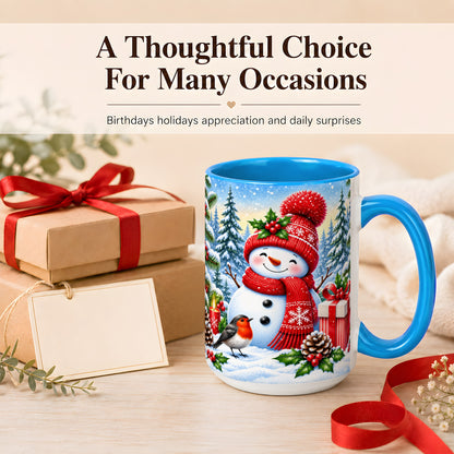 #pl[15oz|Blue] Christmas Snowman Coffee Mug, Winter Robin Mug, Ceramic Cup