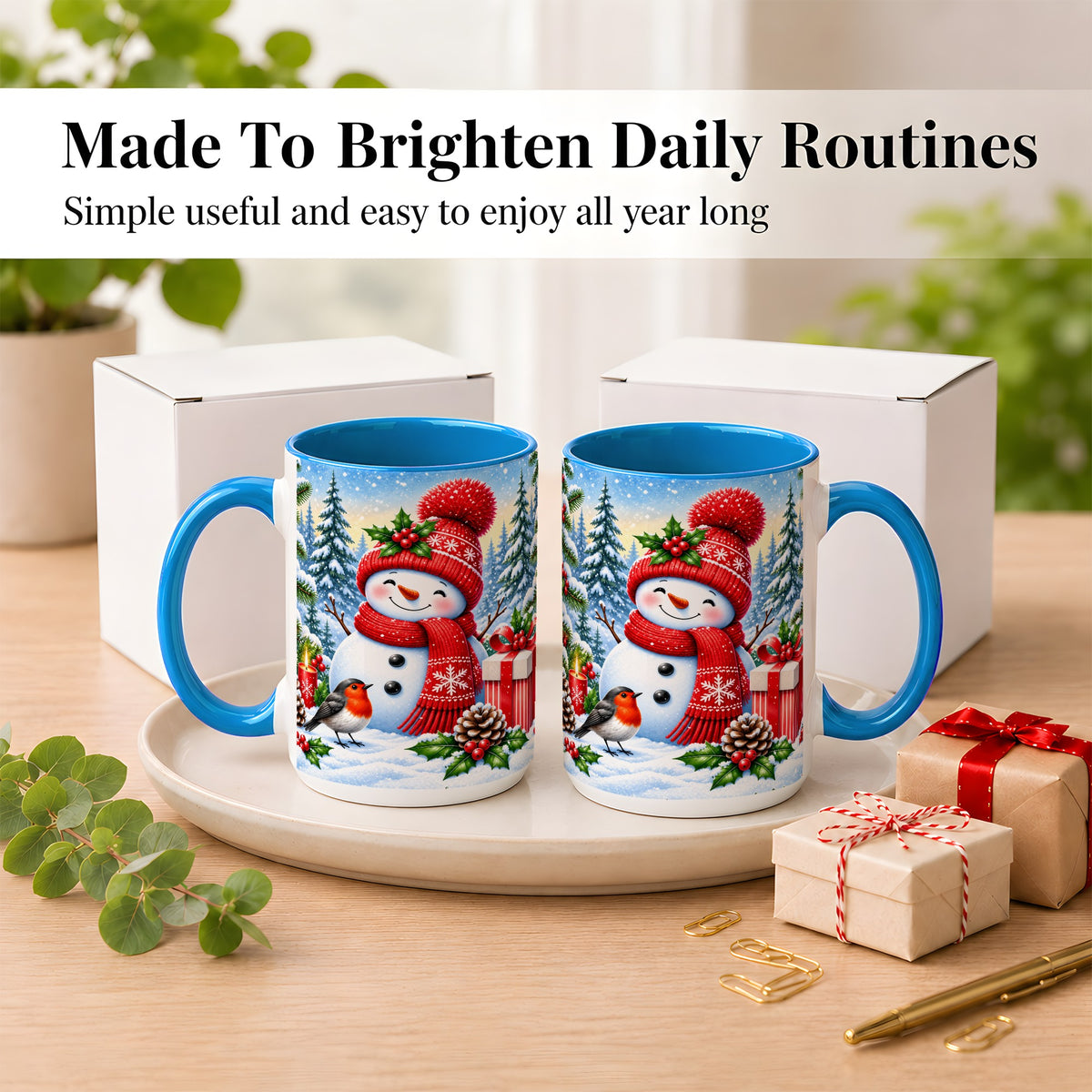 #pl[15oz|Blue] Christmas Snowman Coffee Mug, Winter Robin Mug, Ceramic Cup
