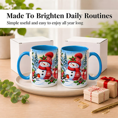 #pl[15oz|Blue] Christmas Snowman Coffee Mug, Winter Robin Mug, Ceramic Cup