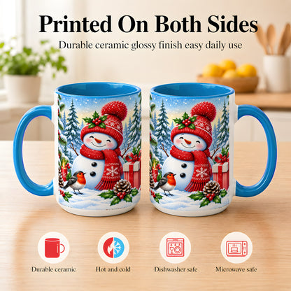 #pl[15oz|Blue] Christmas Snowman Coffee Mug, Winter Robin Mug, Ceramic Cup