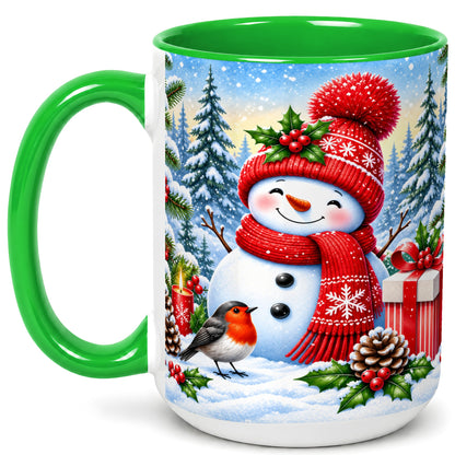 #pl[15oz|Green] Christmas Snowman Coffee Mug, Winter Robin Mug, Ceramic Cup